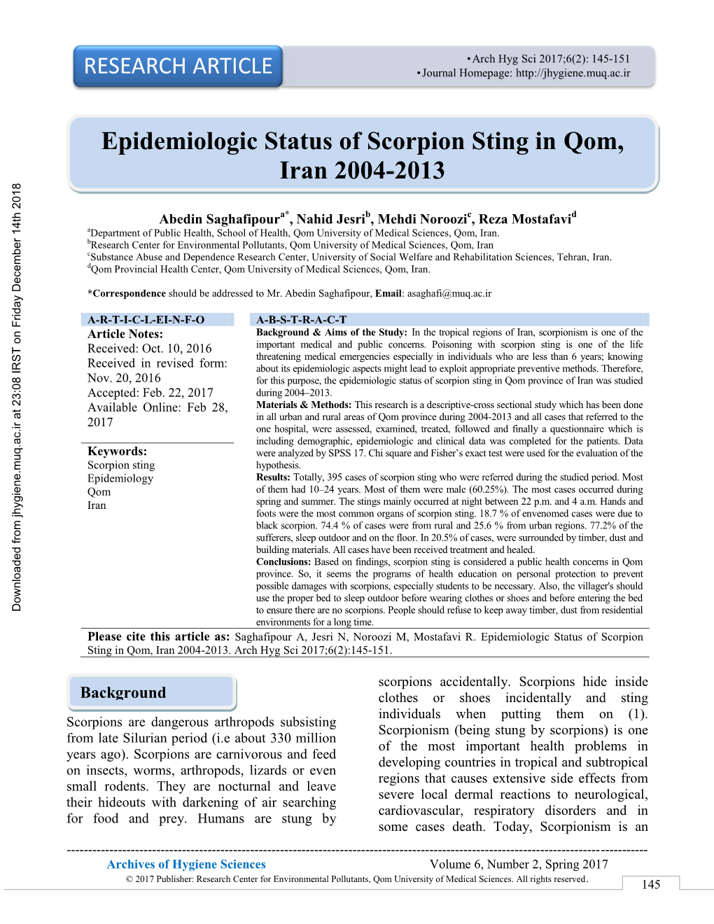 Epidemiologic Status of Scorpion Sting in Qom, Iran 2004-2013