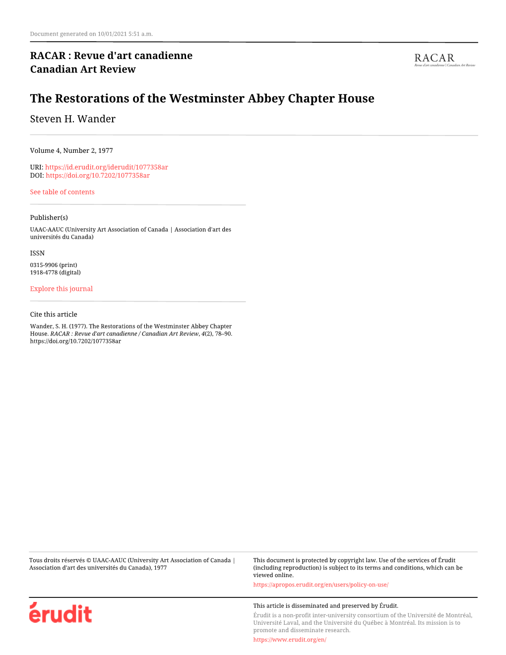 The Restorations of the Westminster Abbey Chapter House Steven H