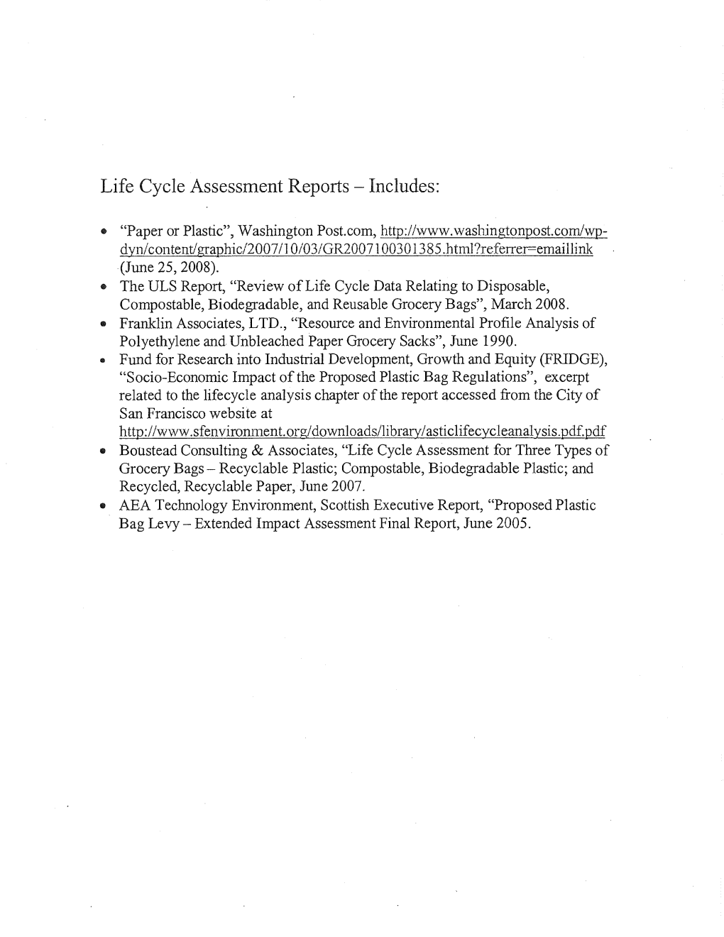 Life Cycle Assessment Reports — Includes