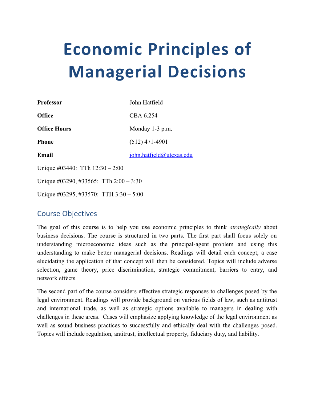 Economic Principles of Managerial Decisions