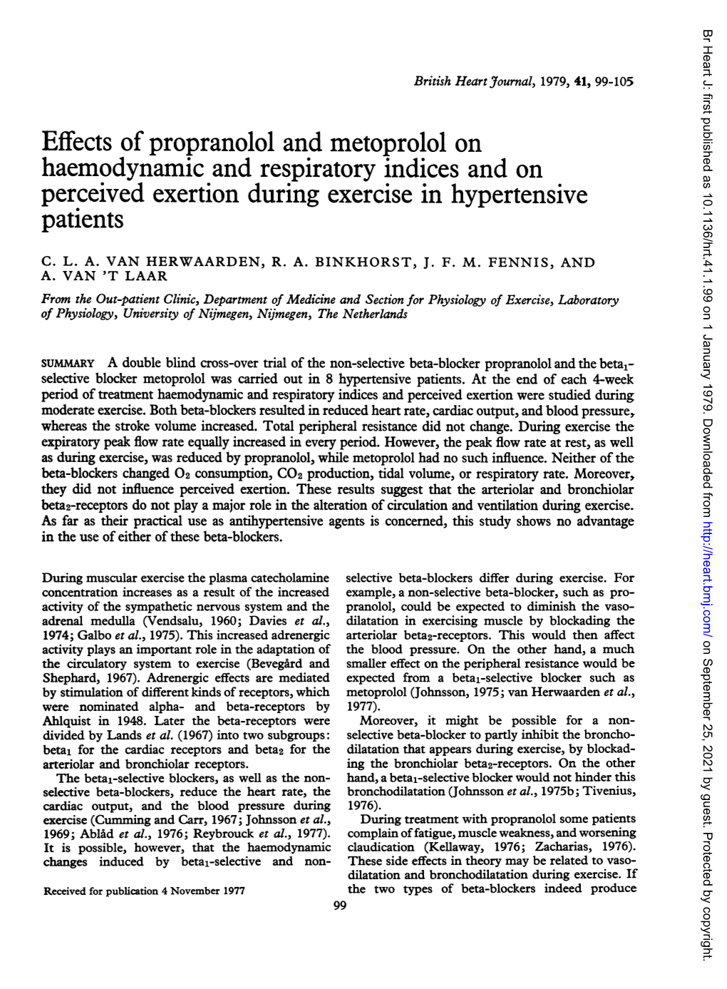 Effects of Propranolol and Metoprolol on Haemodynamic and Respiratory Indices and on Perceived Exertion During Exercise in Hypertensive Patients