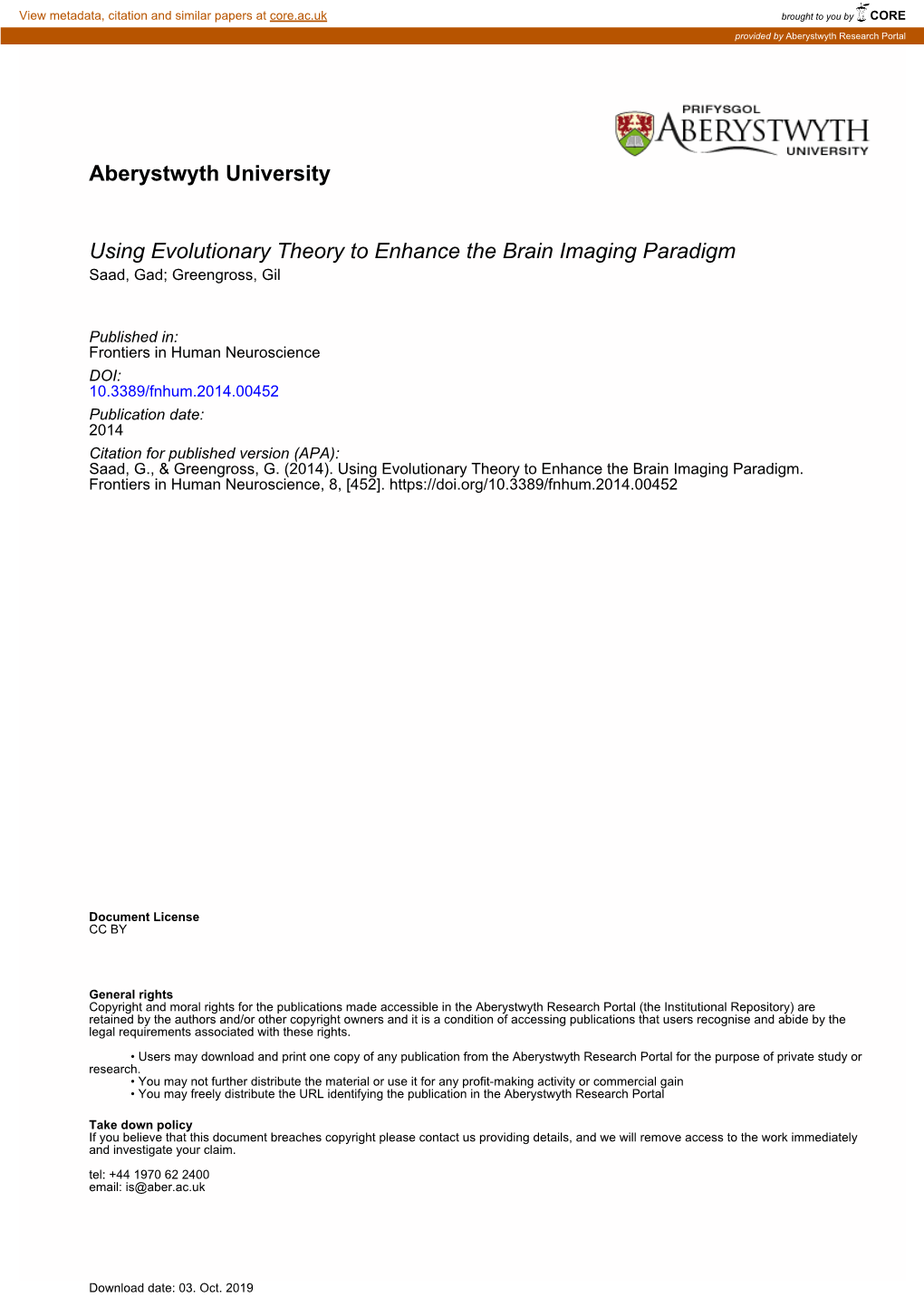 Using Evolutionary Theory to Enhance the Brain Imaging Paradigm Saad, Gad; Greengross, Gil