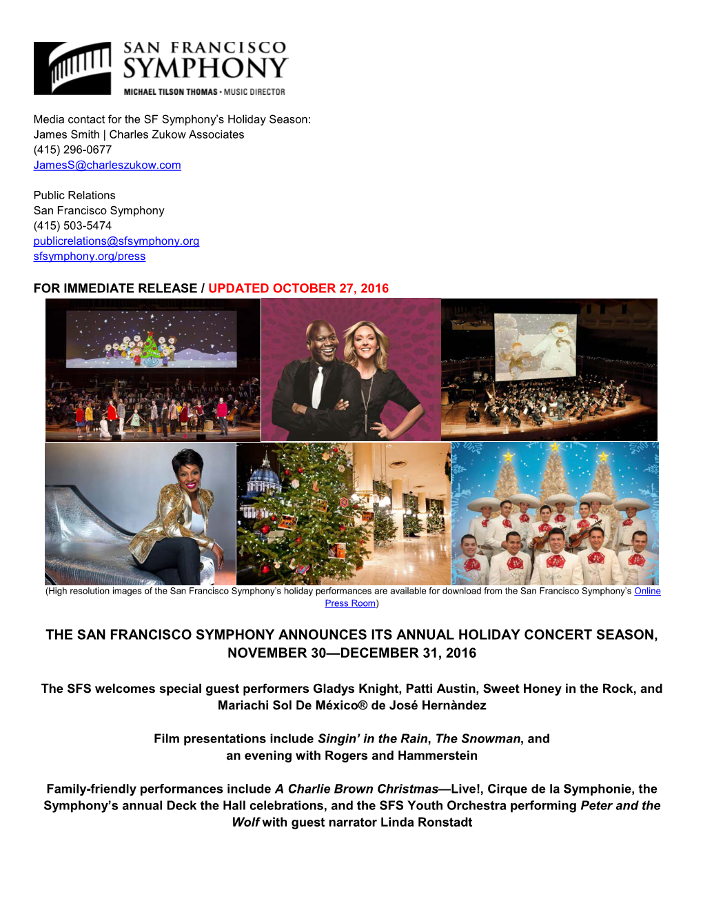 The San Francisco Symphony Announces Its Annual Holiday Concert Season, November 30—December 31, 2016