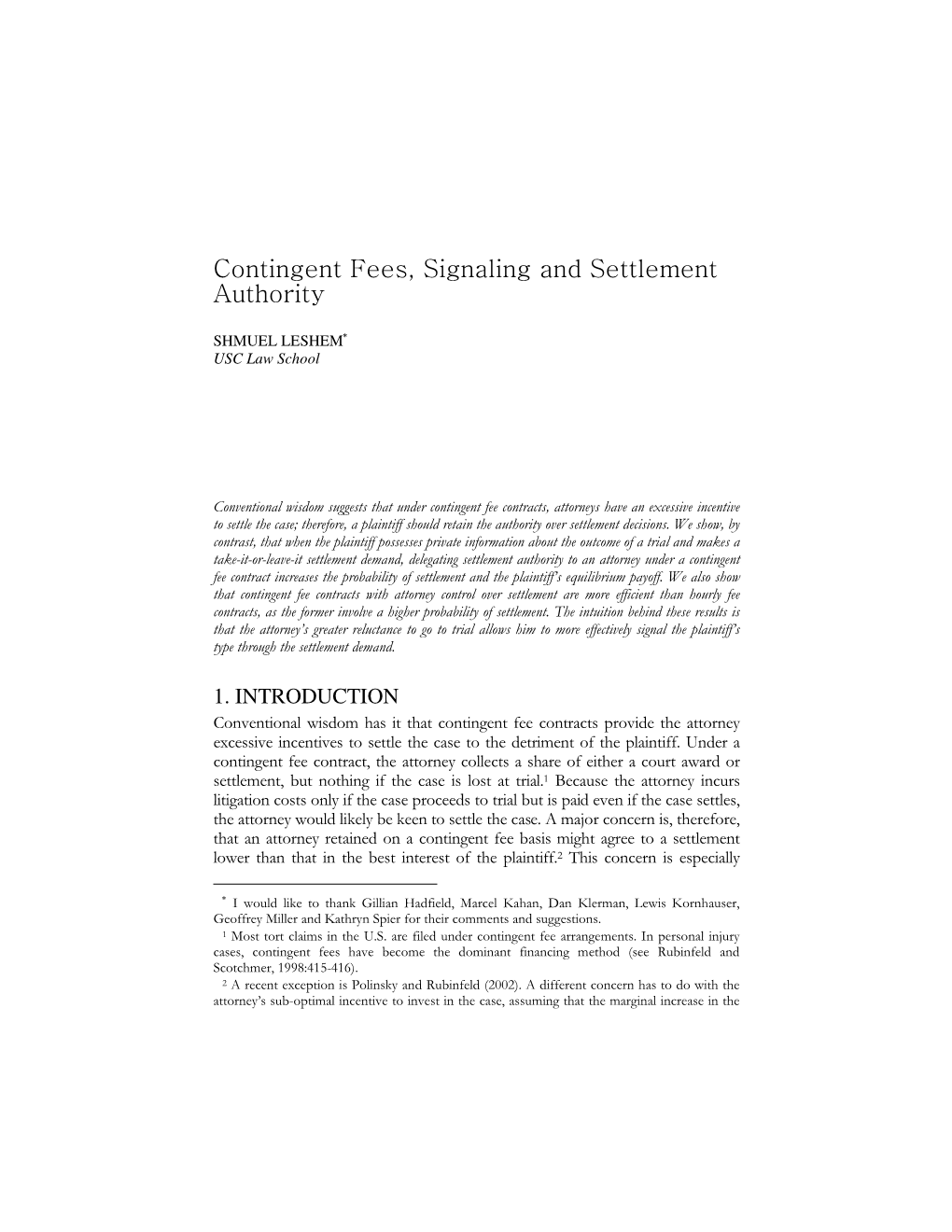 Contingent Fees, Signaling and Settlement Authority