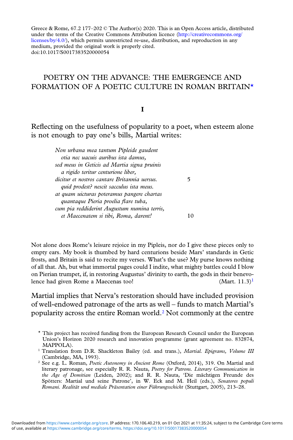 Poetry on the Advance: the Emergence and Formation of a Poetic Culture in Roman Britain*