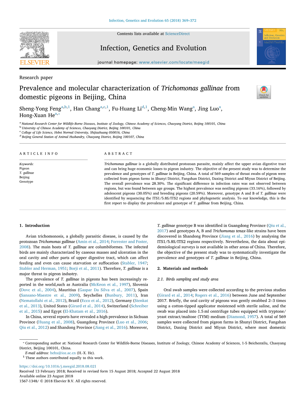Prevalence and Molecular Characterization of Trichomonas Gallinae from Domestic Pigeons in Beijing, China T