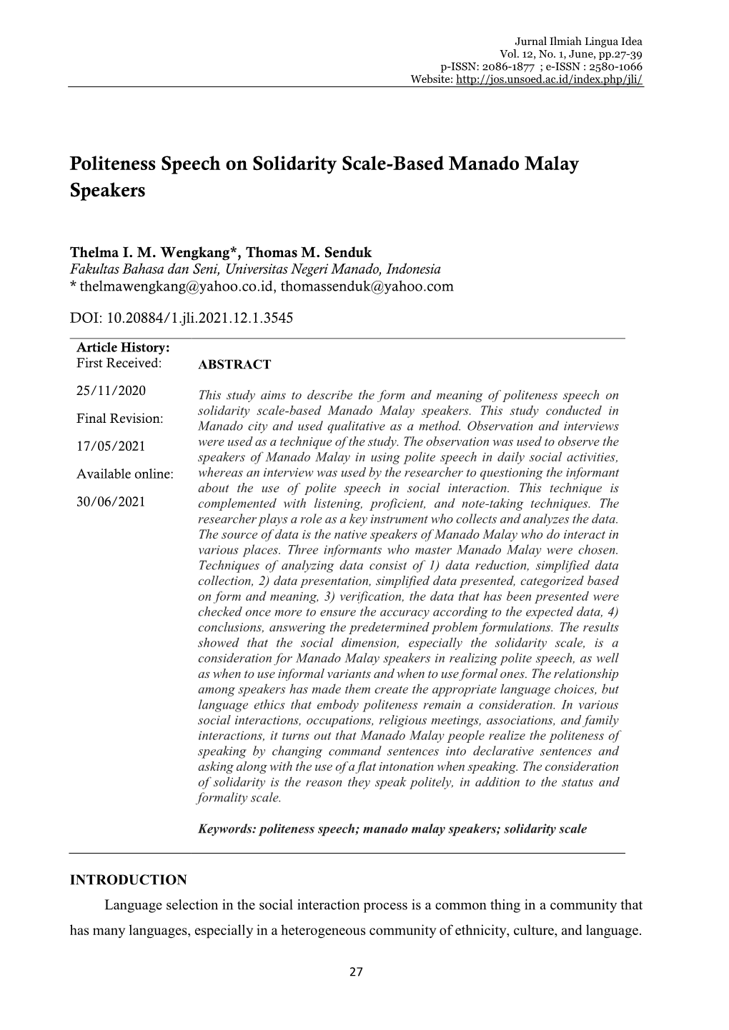 Politeness Speech on Solidarity Scale-Based Manado Malay Speakers