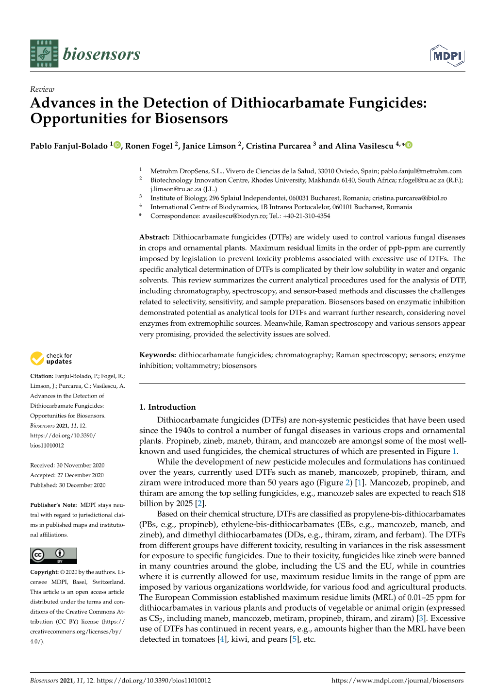 Advances in the Detection of Dithiocarbamate Fungicides: Opportunities for Biosensors