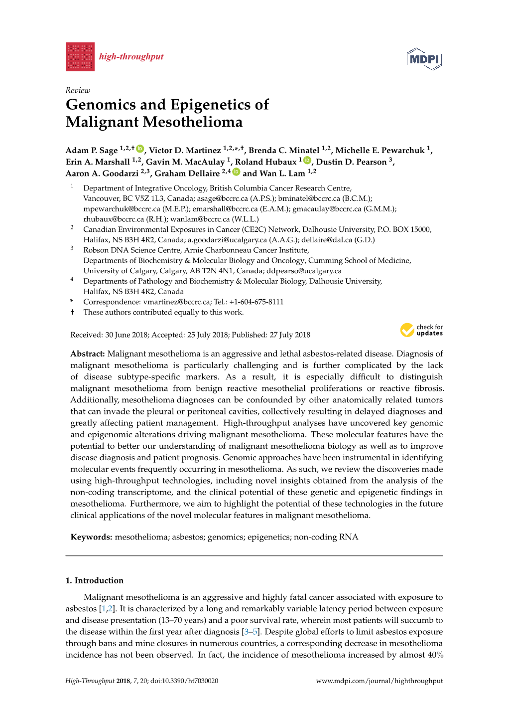 Genomics and Epigenetics of Malignant Mesothelioma