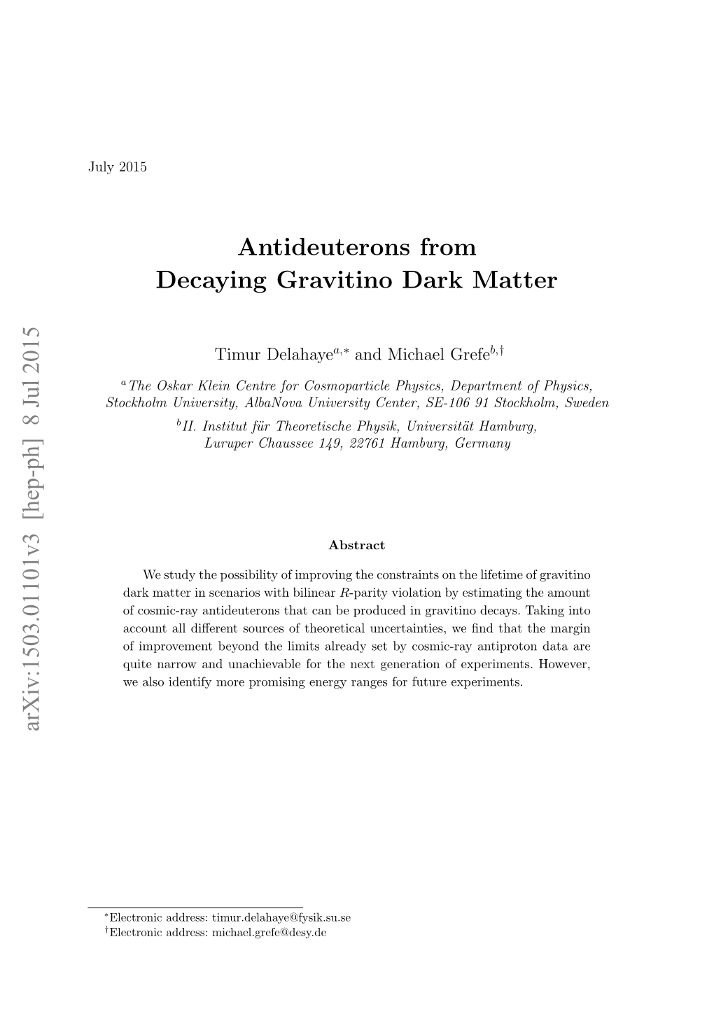 Antideuterons from Decaying Gravitino Dark Matter