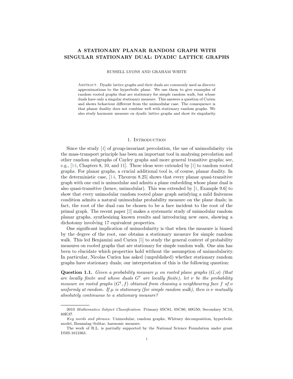 DYADIC LATTICE GRAPHS 1. Introduction Since the Study [4] Of