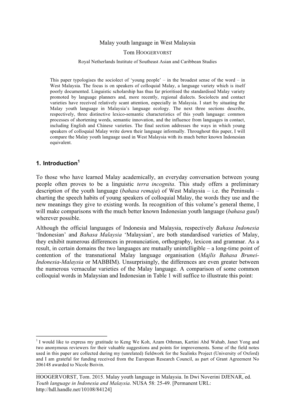 Malay Youth Language in West Malaysia Tom HOOGERVORST Royal Netherlands Institute of Southeast Asian and Caribbean Studies