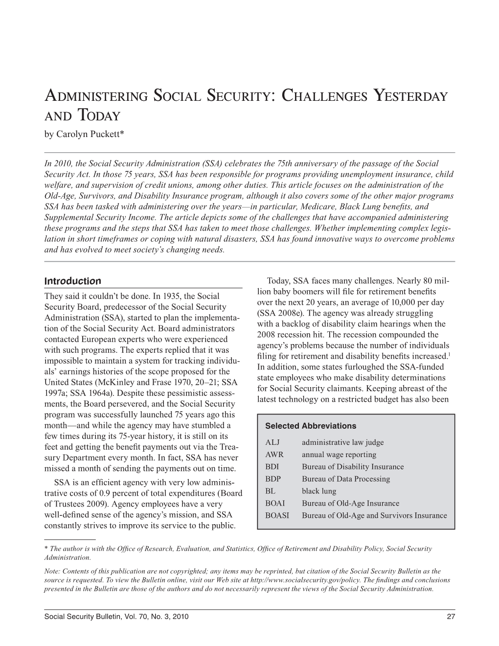 Administering Social Security: Challenges Yesterday and Today by Carolyn Puckett*