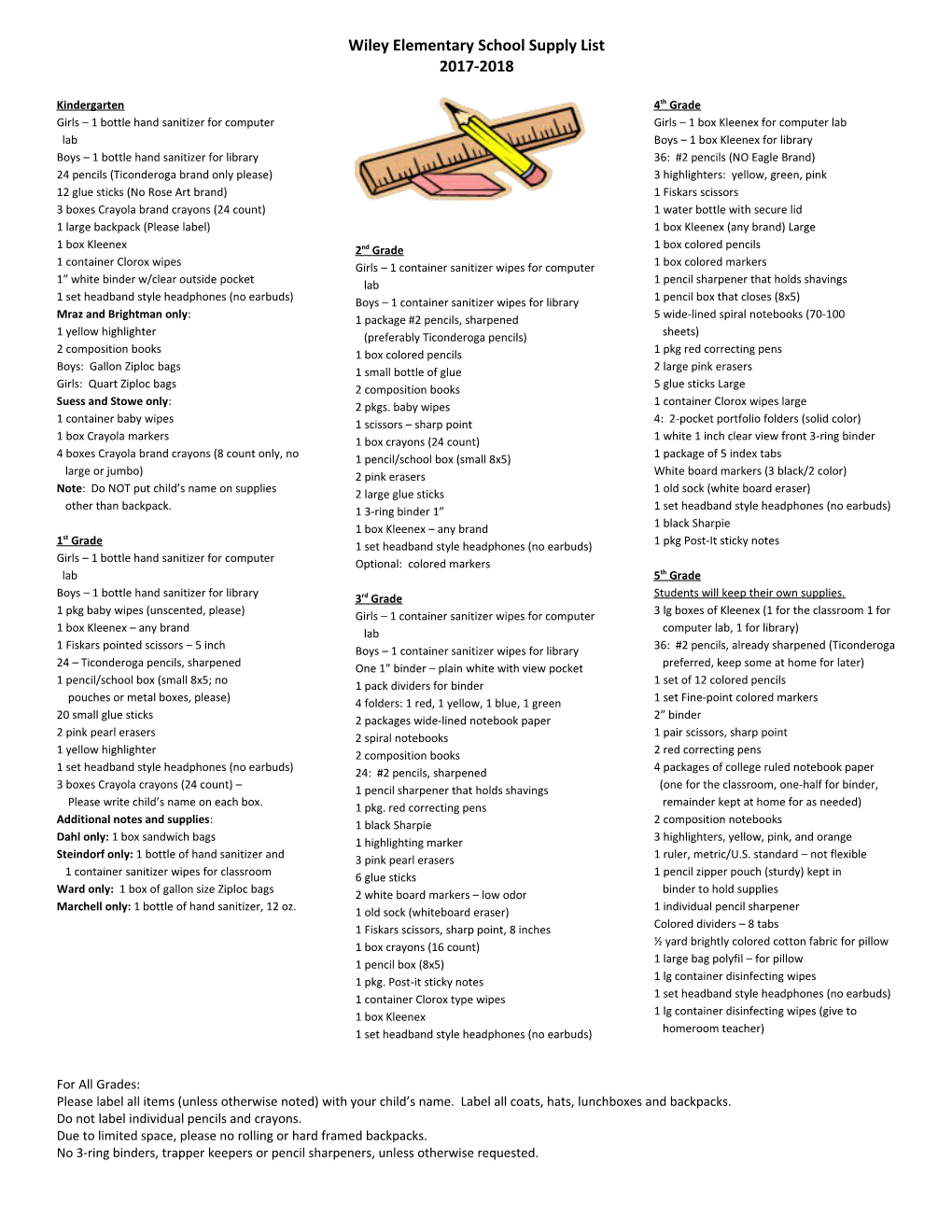 Wiley Elementary School Supply List