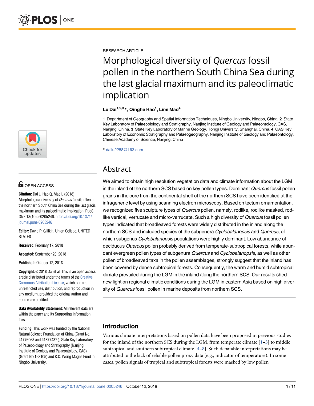 Morphological Diversity of Quercus Fossil Pollen in the Northern South China Sea During the Last Glacial Maximum and Its Paleoclimatic Implication