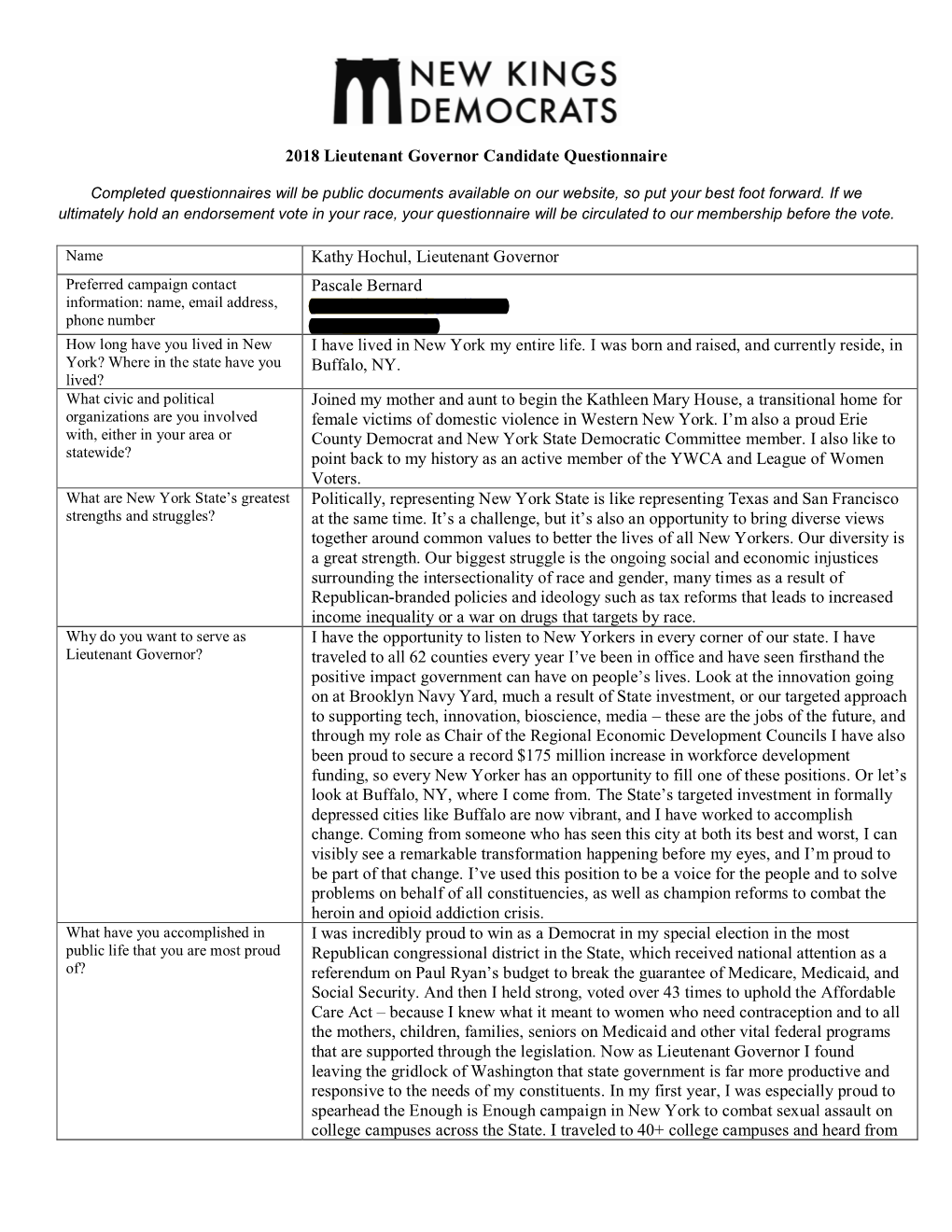 2018 Lieutenant Governor Candidate Questionnaire Kathy Hochul