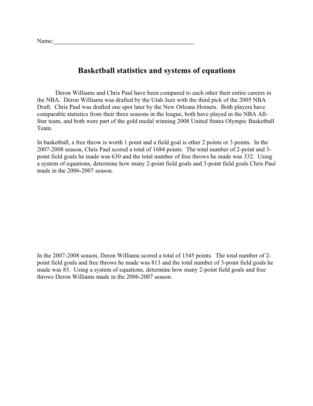 Basketball Statistics and Systems of Equations