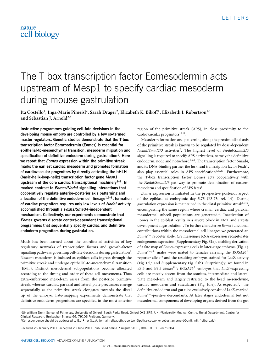 The T-Box Transcription Factor Eomesodermin Acts Upstream of Mesp1 to Specify Cardiac Mesoderm During Mouse Gastrulation