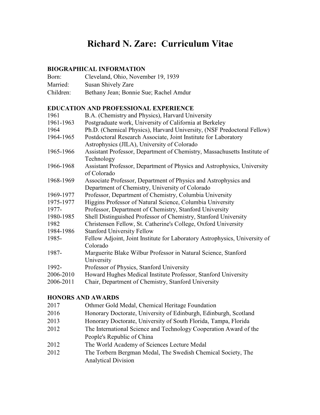 Richard N. Zare: Curriculum Vitae