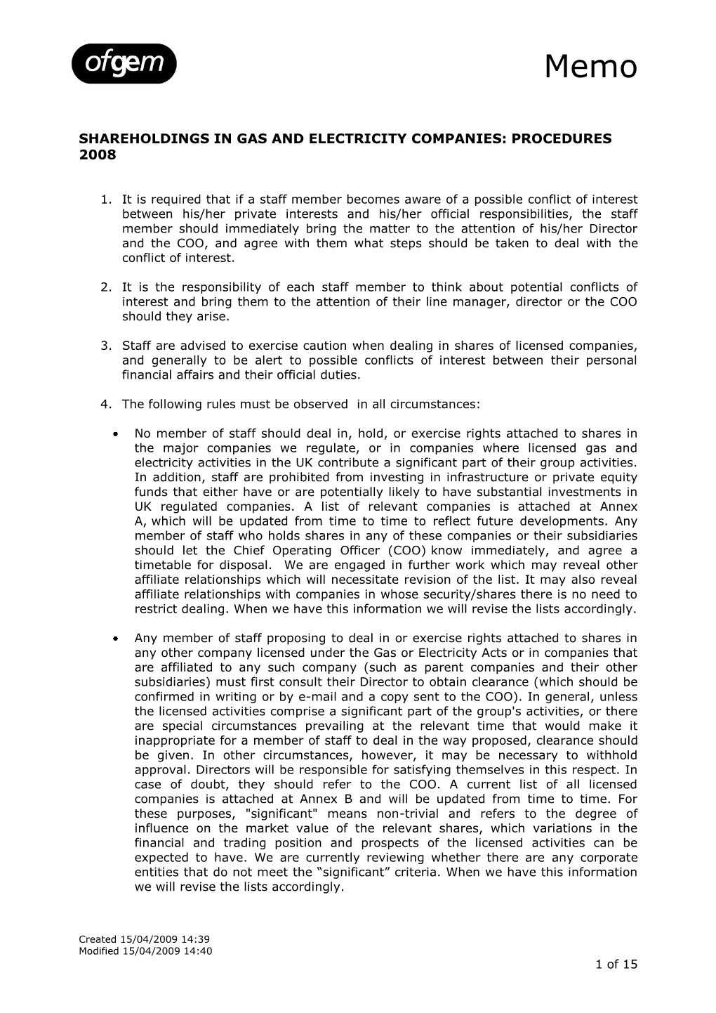 Shareholdings in Gas and Electricity Companies: Procedures 2008