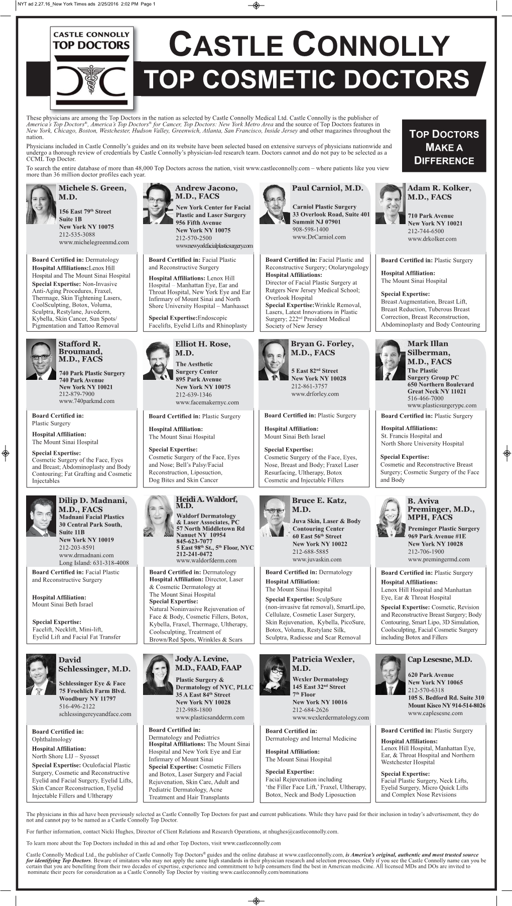 New York Times Ads 2/25/2016 2:02 PM Page 1 CASTLE CONNOLLY TOP COSMETIC DOCTORS