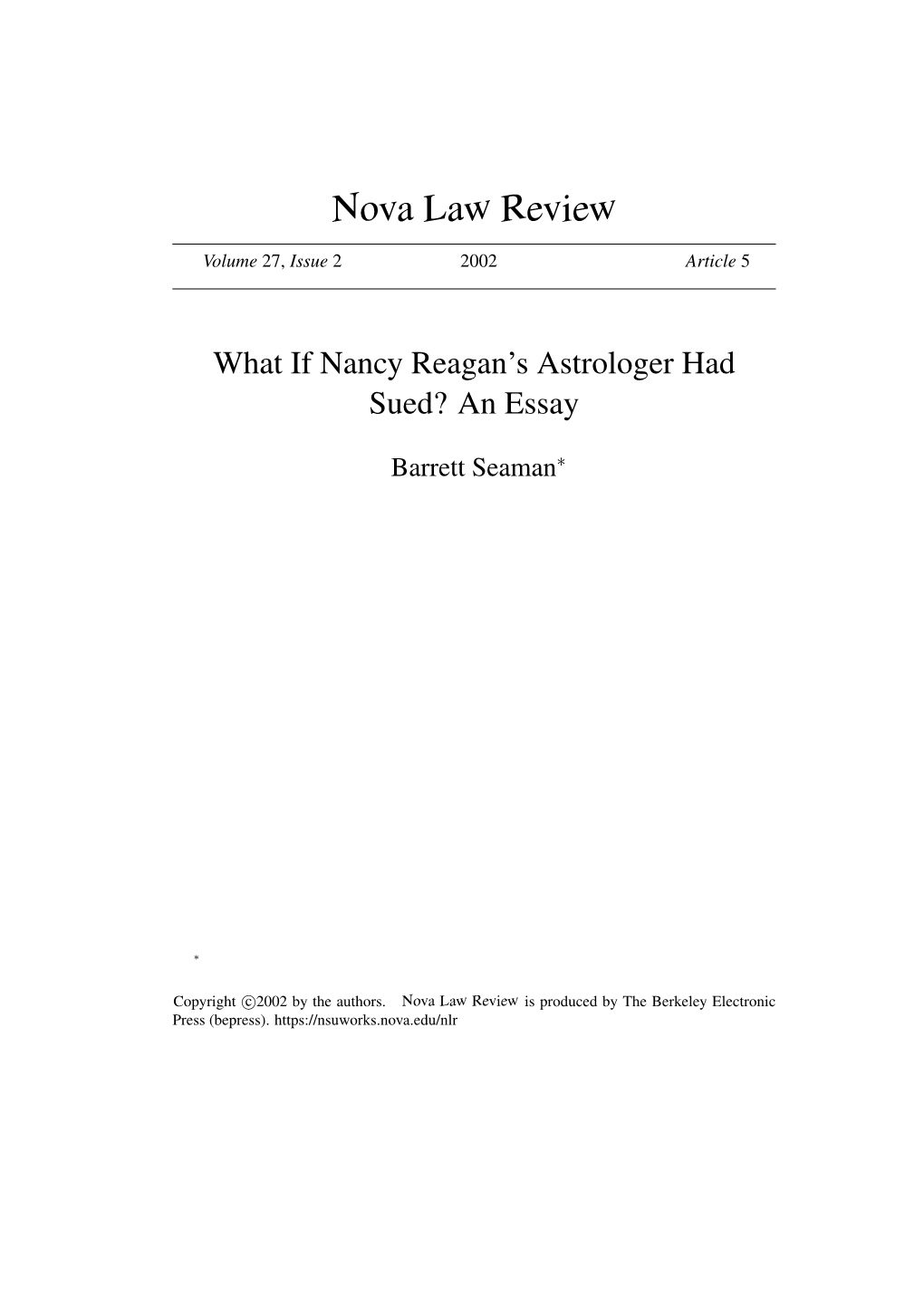 What If Nancy Reagan's Astrologer Had Sued? an Essay