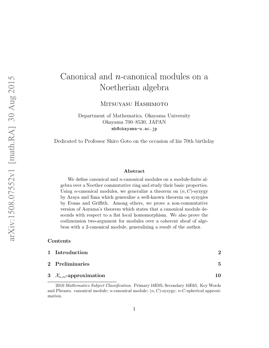 Canonical and $ N $-Canonical Modules on a Noetherian Algebra