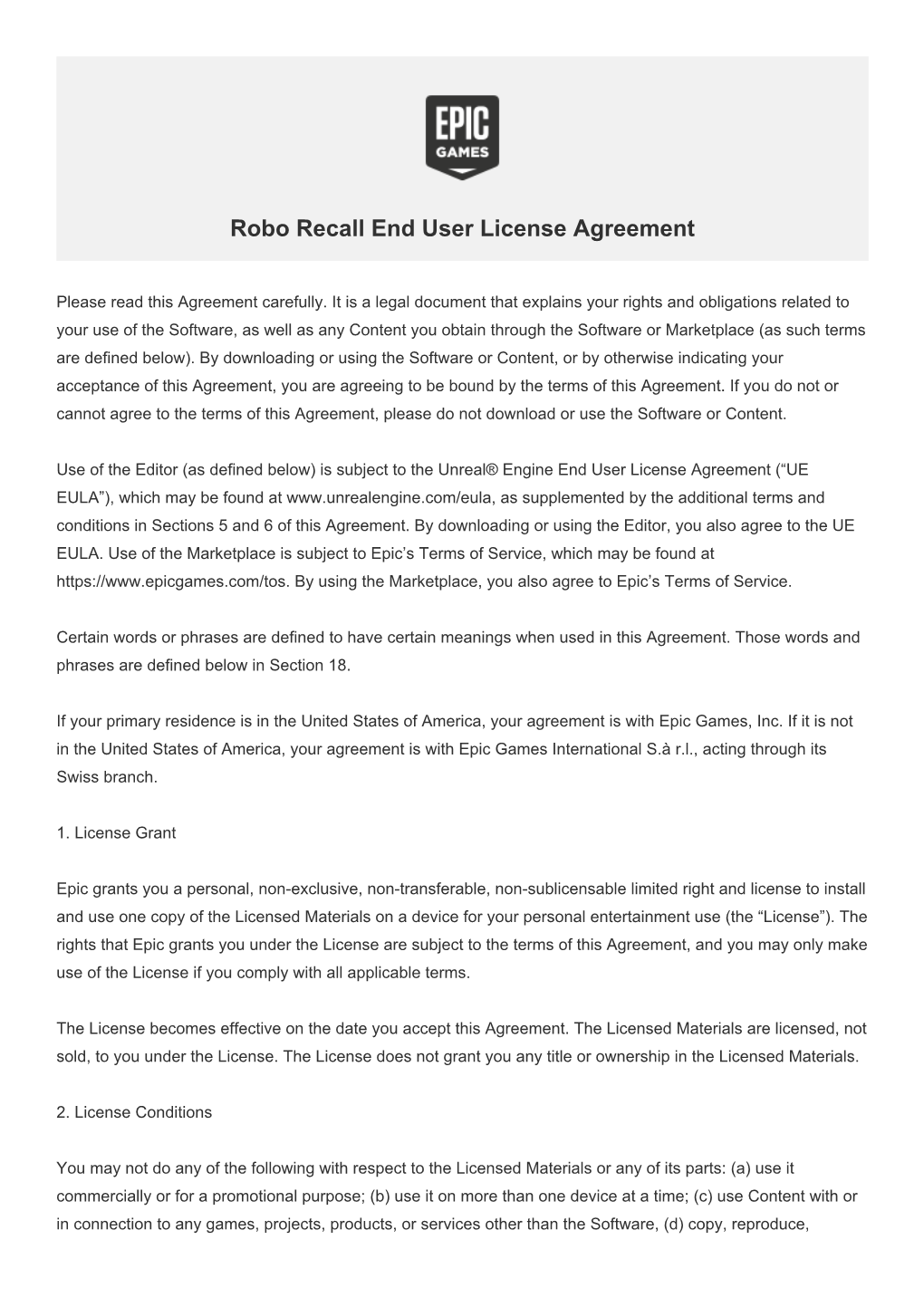 Epic Games End User License Agreement