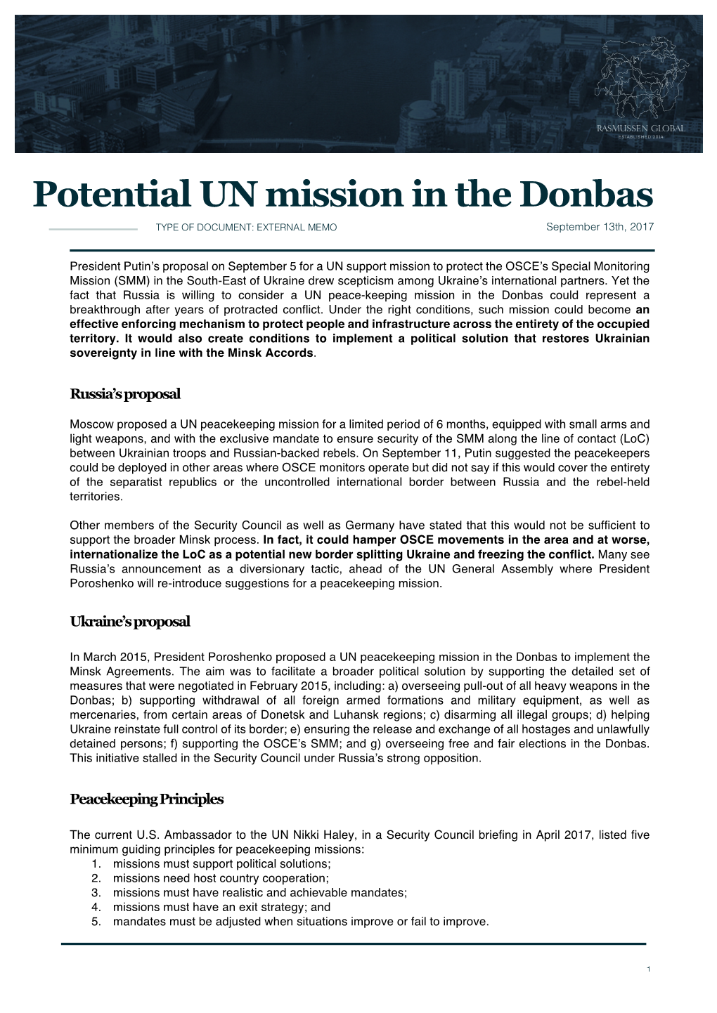 Potential UN Mission in the Donbas TYPE of DOCUMENT: EXTERNAL MEMO September 13Th, 2017