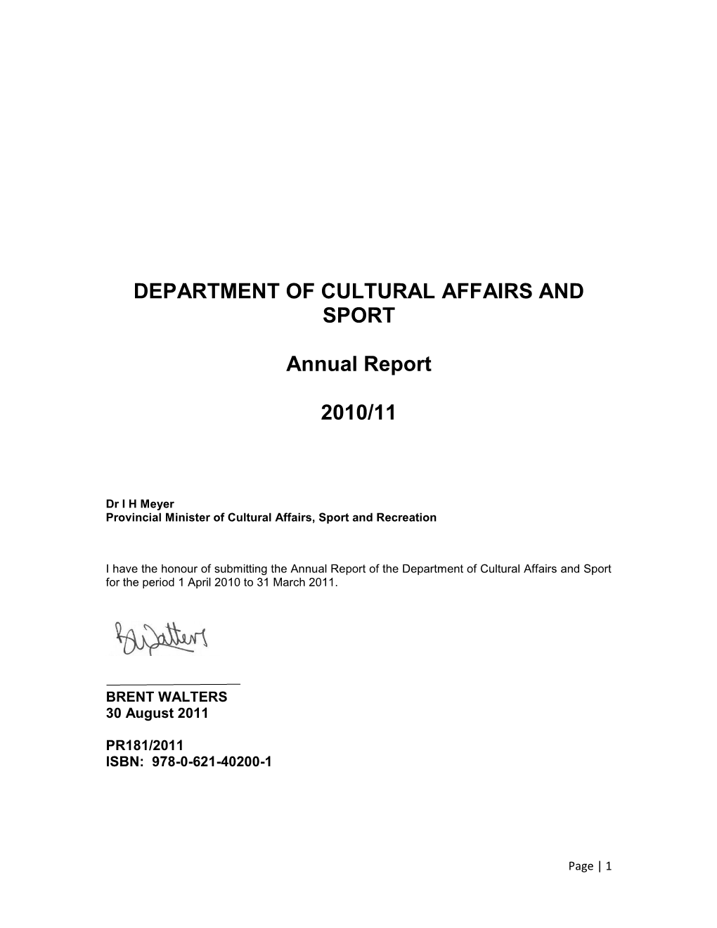 DEPARTMENT of CULTURAL AFFAIRS and SPORT Annual
