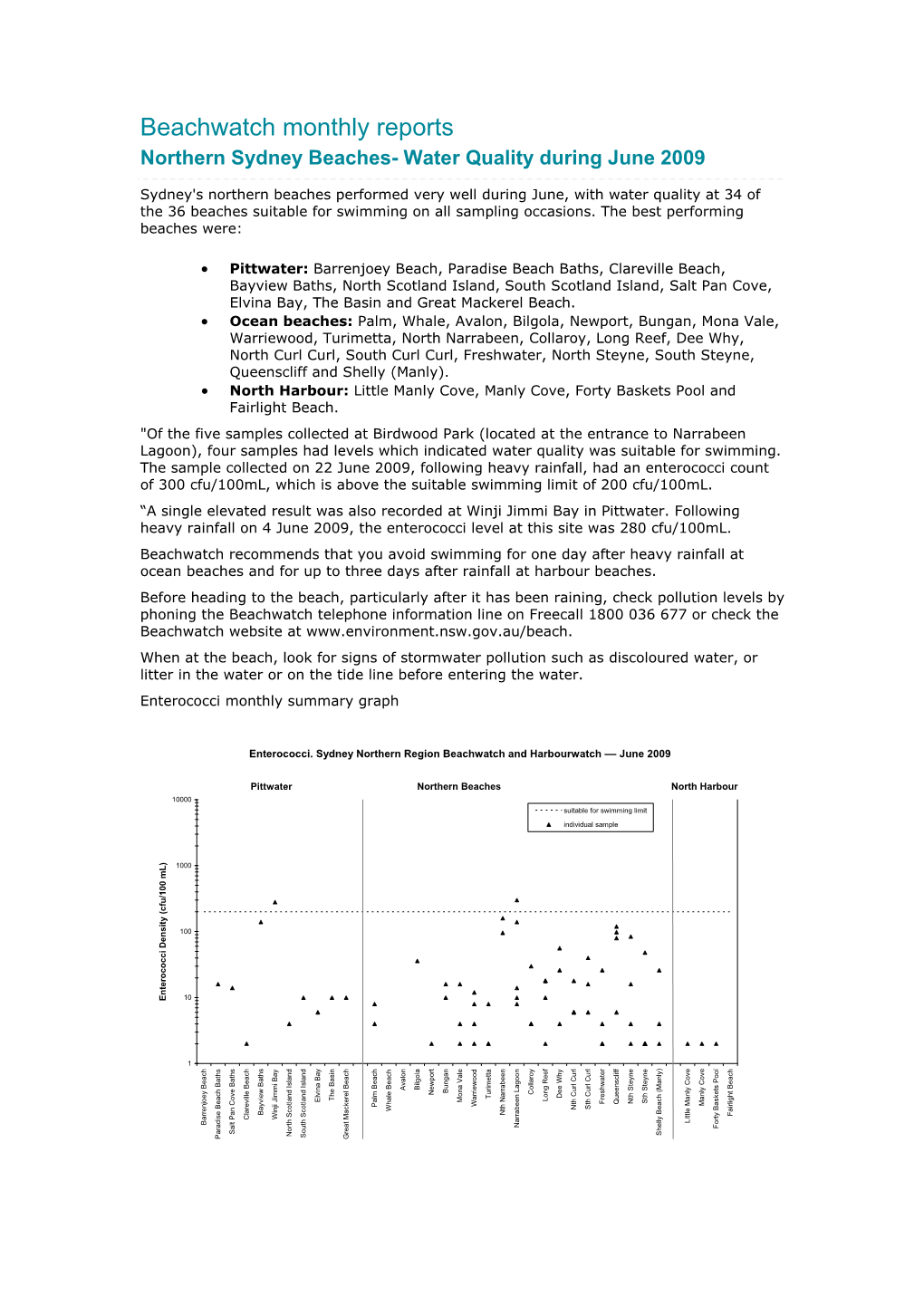 Beachwatch Monthly Reports Northern Sydney Beaches- Water Quality During June 2009