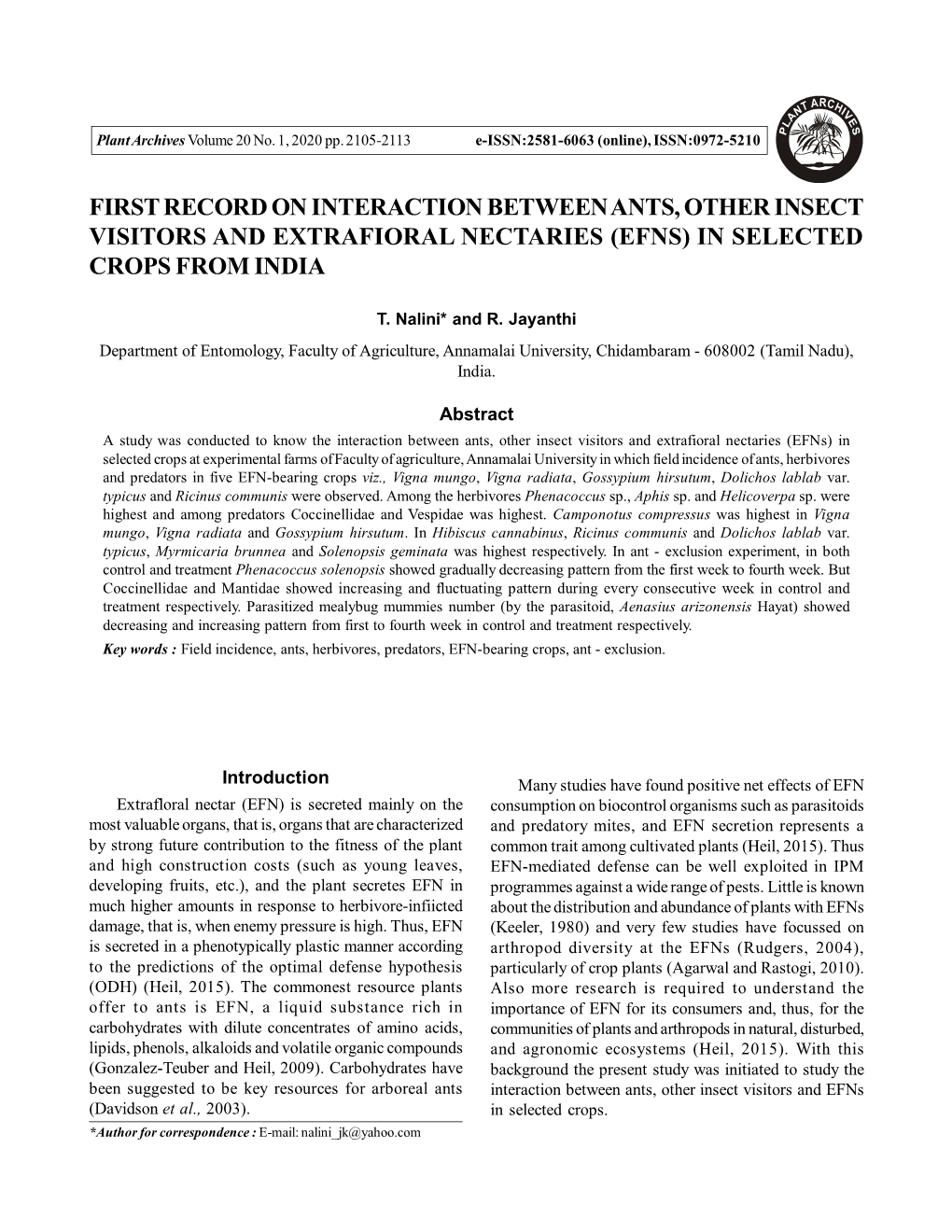 First Record on Interaction Between Ants, Other Insect Visitors and Extrafioral Nectaries (Efns) in Selected Crops from India