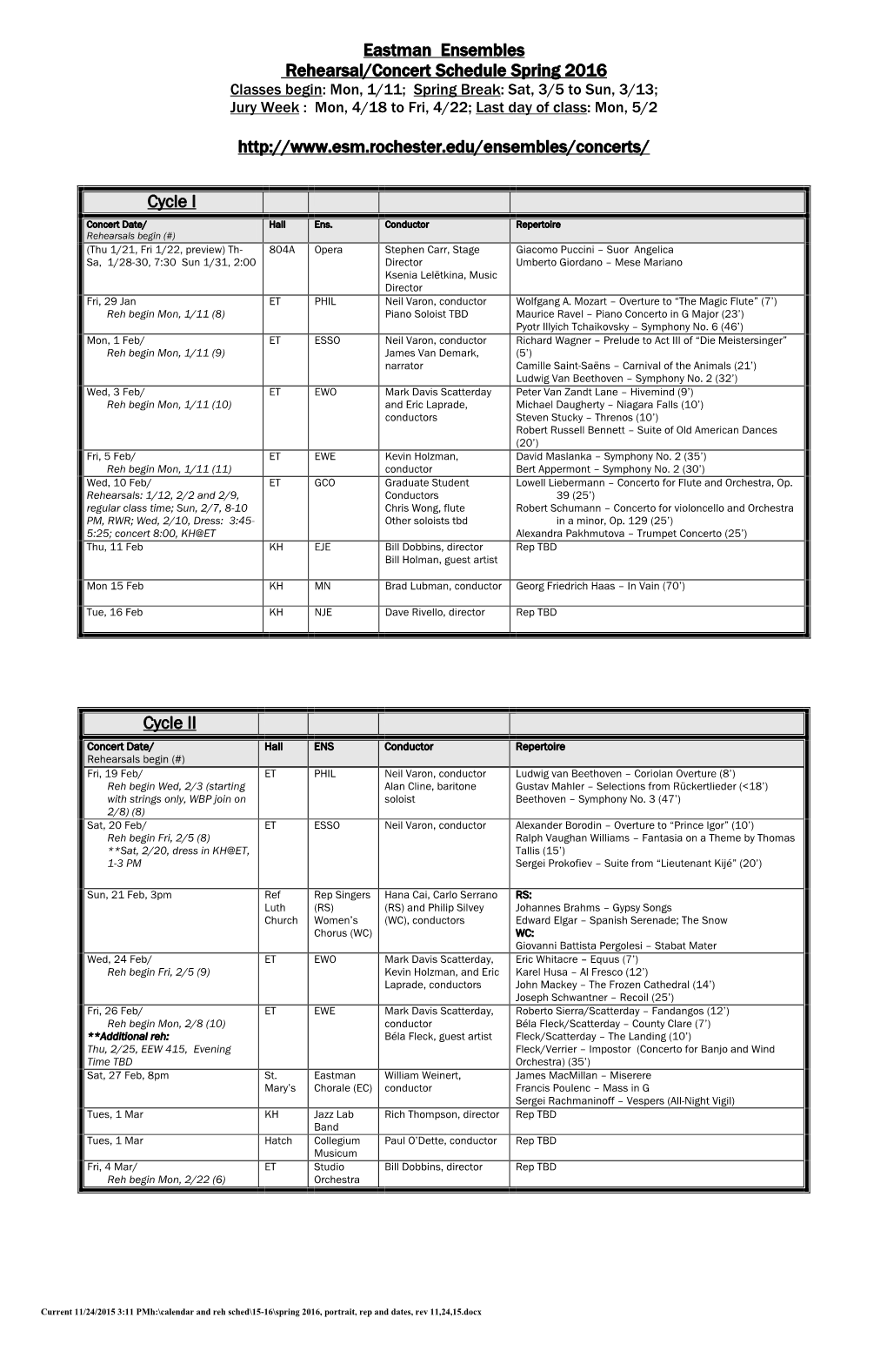 Eastman Ensembles Rehearsal/Concert Schedule Spring 2016 Http