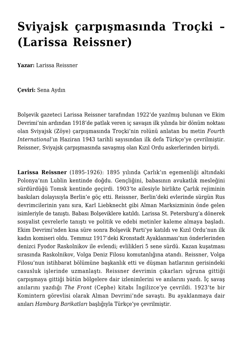 Sviyajsk Çarpışmasında Troçki – (Larissa Reissner)