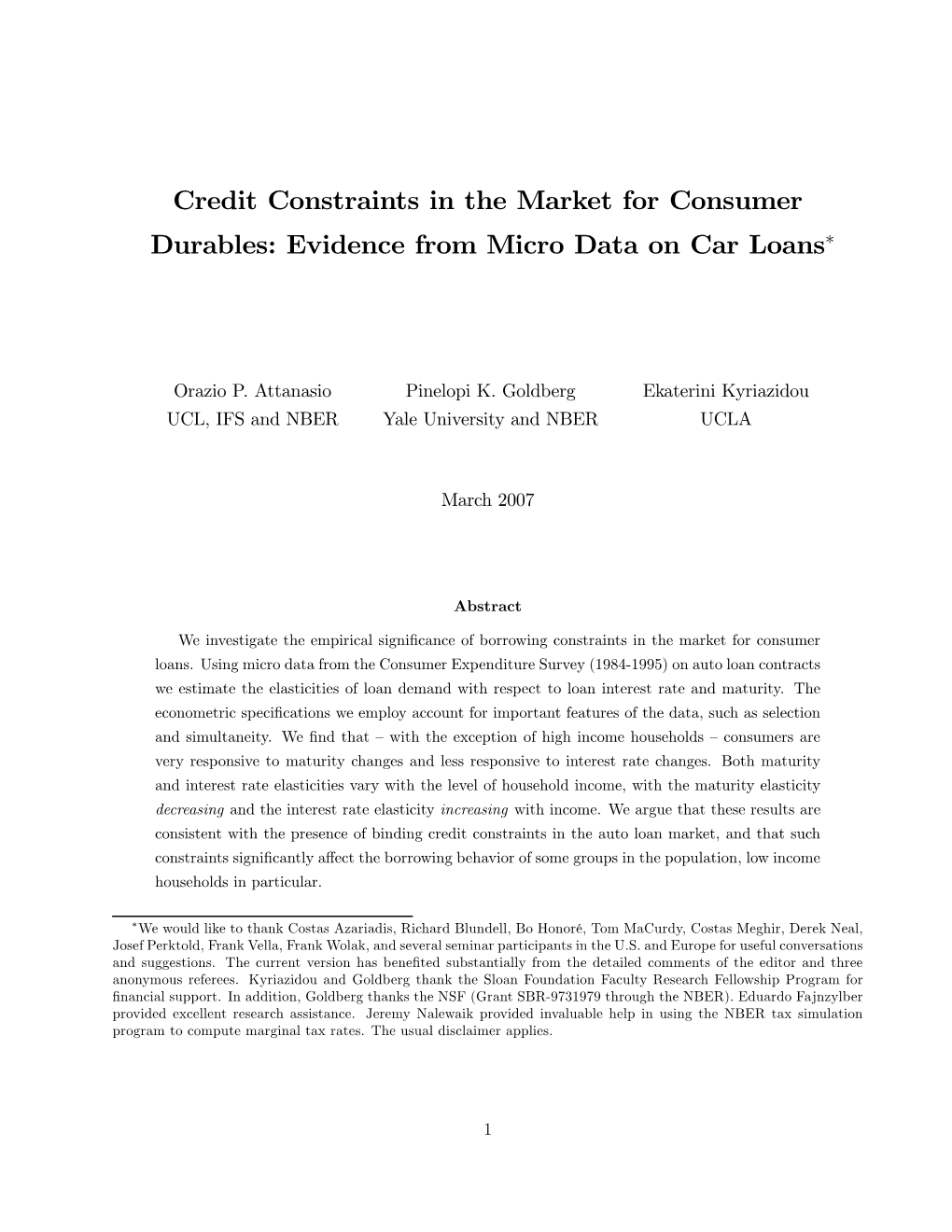 Credit Constraints in the Market for Consumer Durables: Evidence from Micro Data on Car Loans”, NBER Working Paper, No