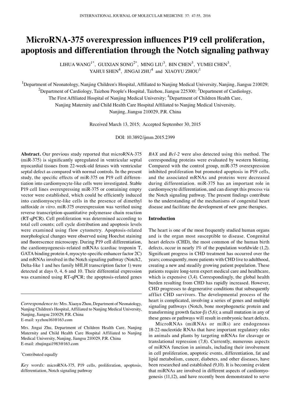 Microrna-375 Overexpression Influences P19 Cell Proliferation, Apoptosis and Differentiation Through the Notch Signaling Pathway