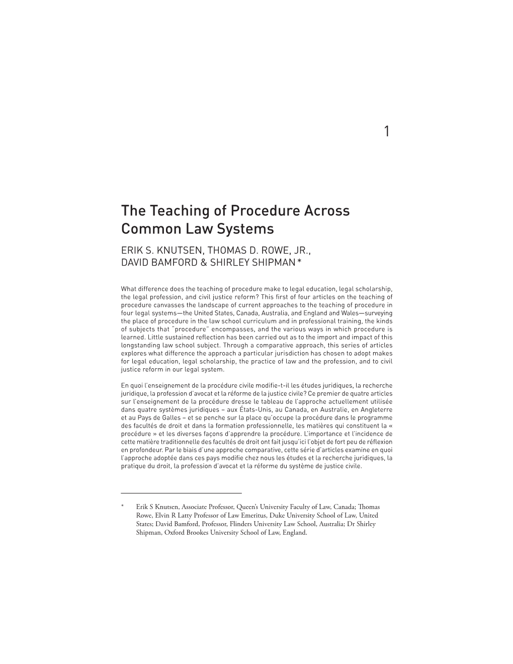 1 the Teaching of Procedure Across Common Law Systems