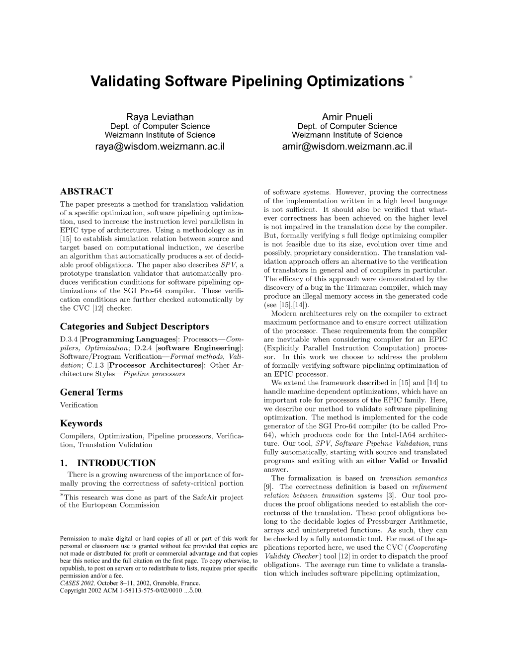 Validating Software Pipelining Optimizations ∗