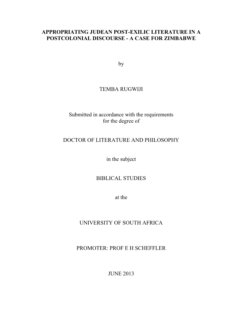 Appropriating Judean Post-Exilic Literature in a Postcolonial Discourse - a Case for Zimbabwe