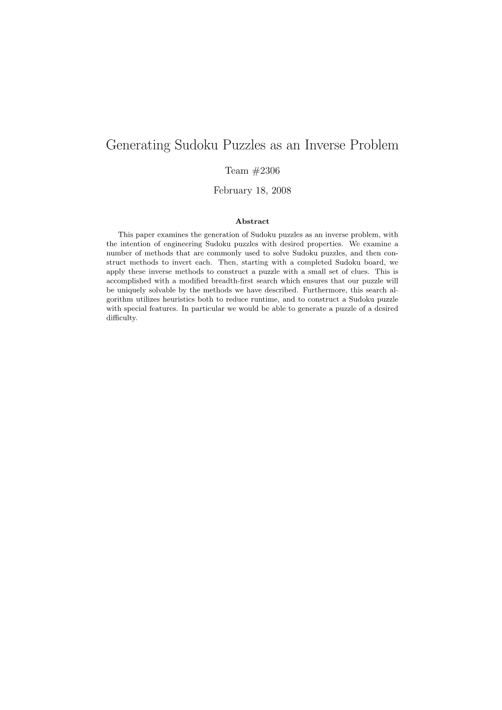 Generating Sudoku Puzzles As an Inverse Problem