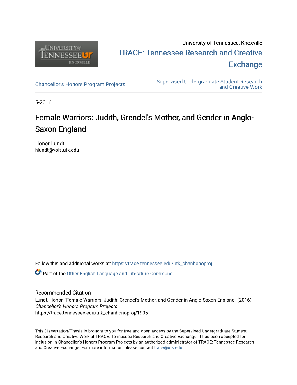 Judith, Grendel's Mother, and Gender in Anglo-Saxon England" (2016)