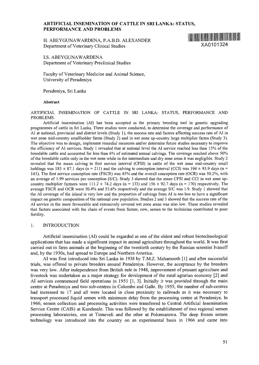 Artificial Insemination of Cattle in Sri Lanka: Status, Performance and Problems