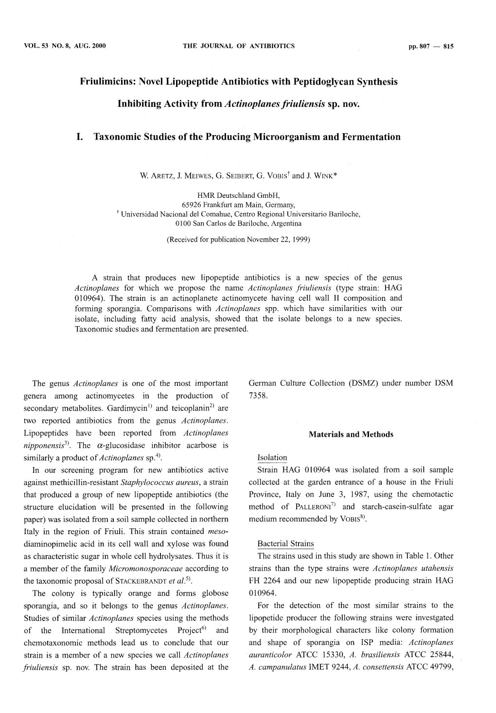 I. Taxonomicstudies of the Producing Microorganism and Fermentation