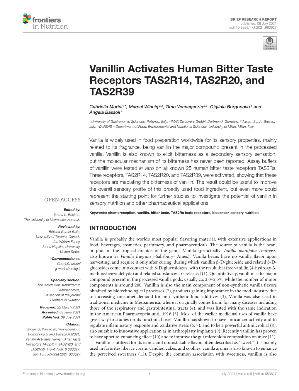 Vanillin Activates Human Bitter Taste Receptors TAS2R14, TAS2R20, and TAS2R39