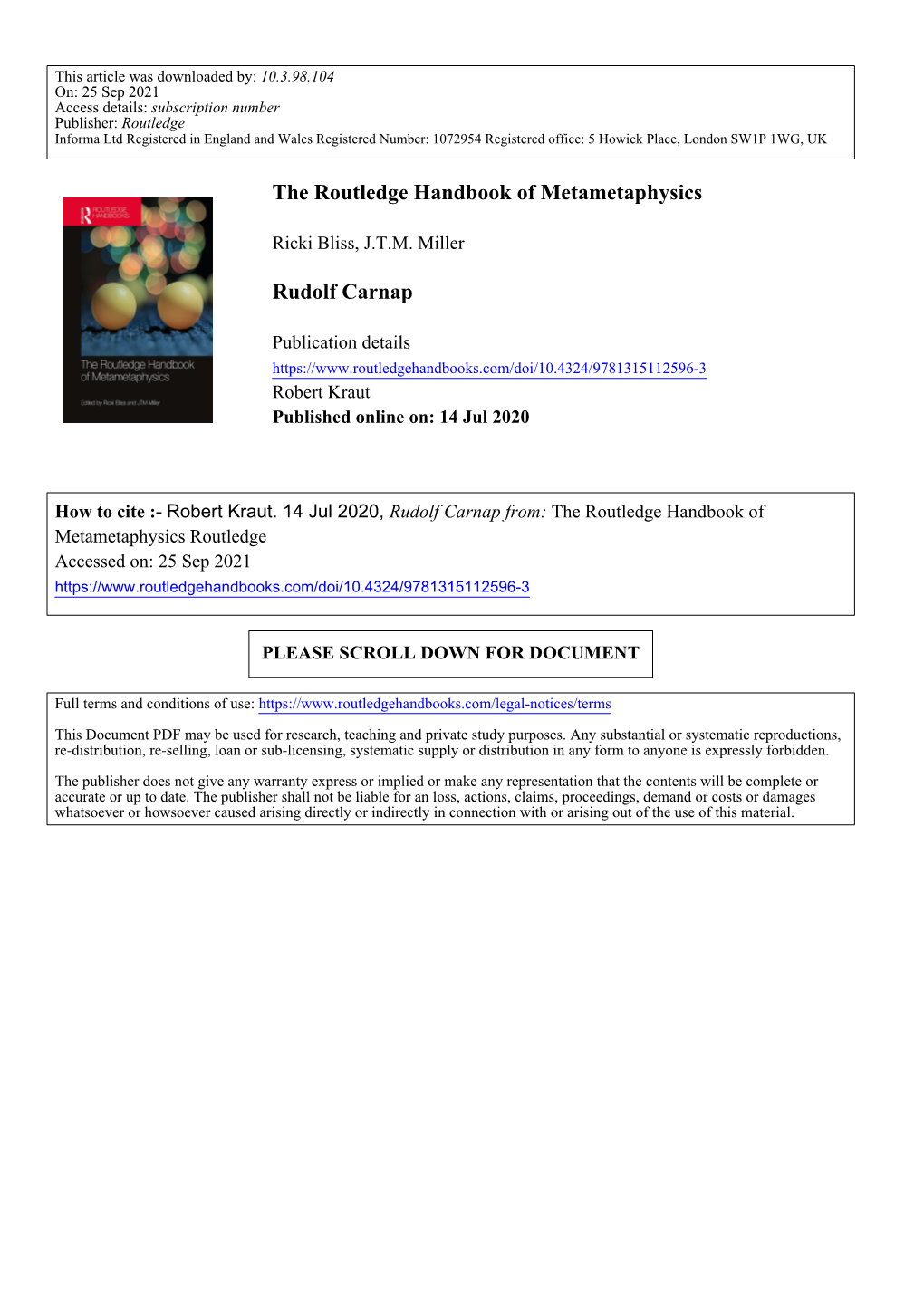 The Routledge Handbook of Metametaphysics Rudolf Carnap