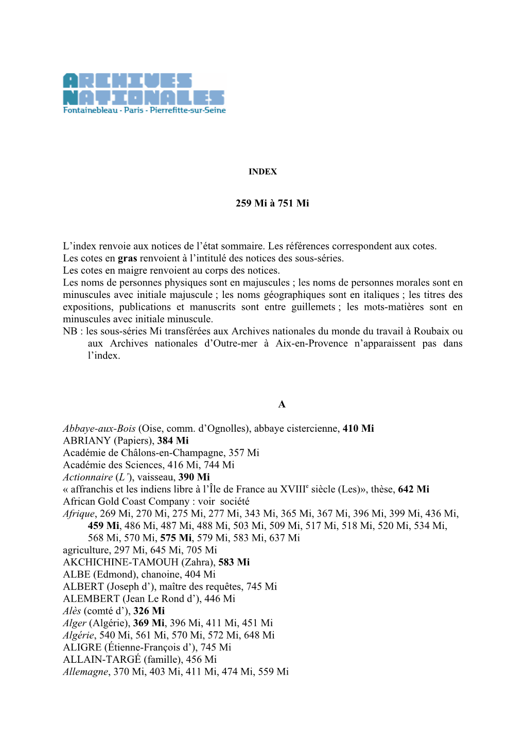 Index Des Microfilms De Complément (259 Mi À 751