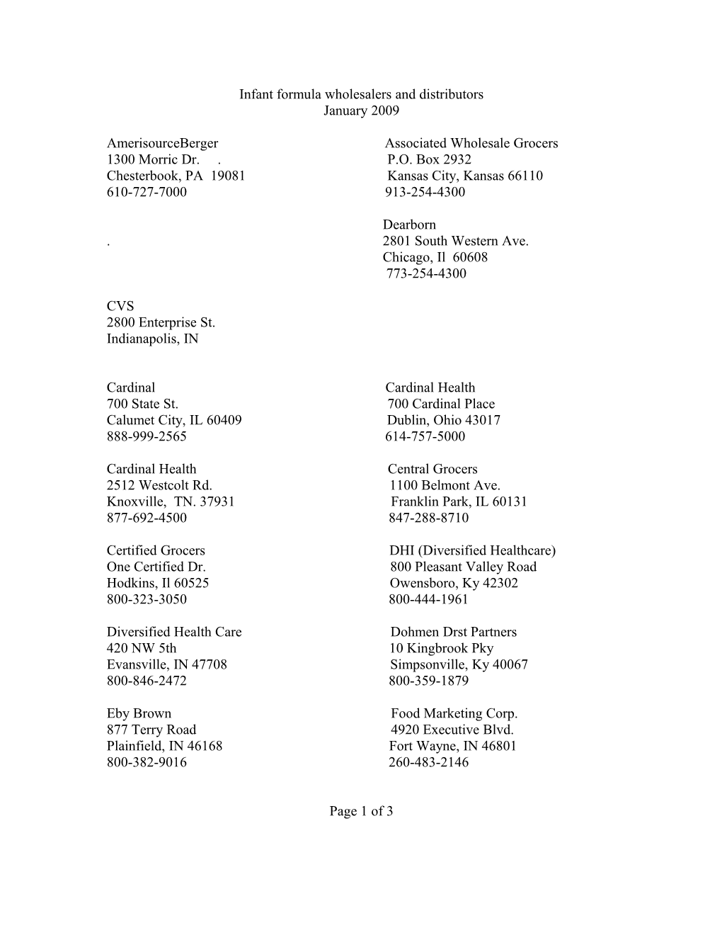 Infant Formula Wholesalers December 20, 2004