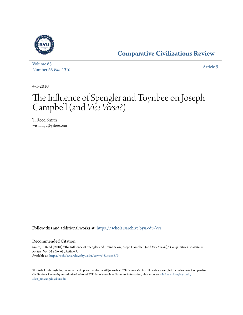 The Influence of Spengler and Toynbee on Joseph Campbell