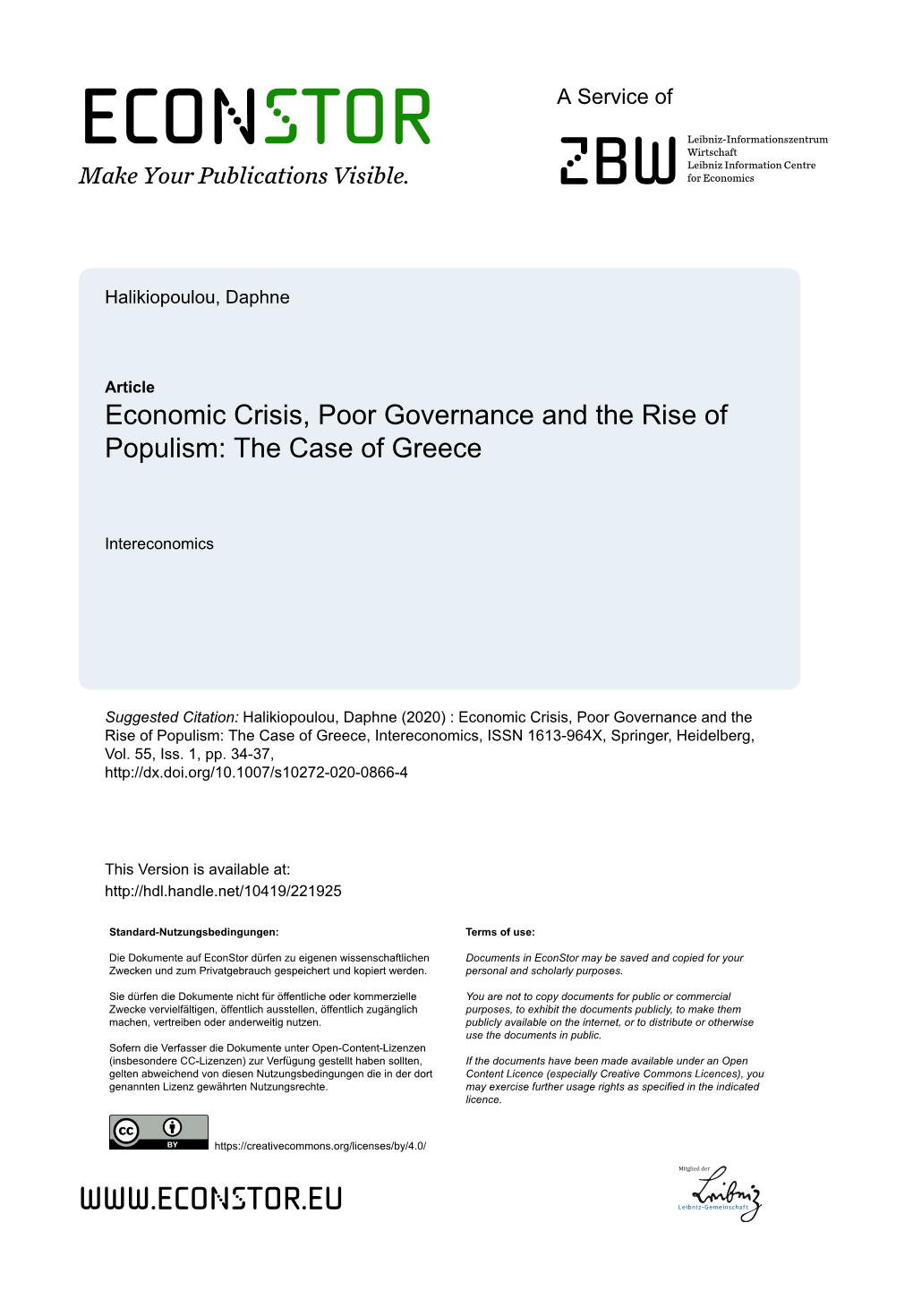 Economic Crisis, Poor Governance and the Rise of Populism: the Case of Greece