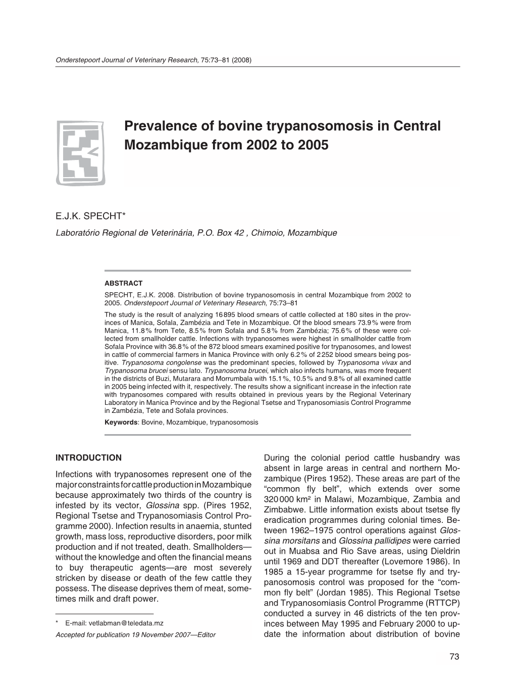 Prevalence of Bovine Trypanosomosis in Central Mozambique from 2002 to 2005